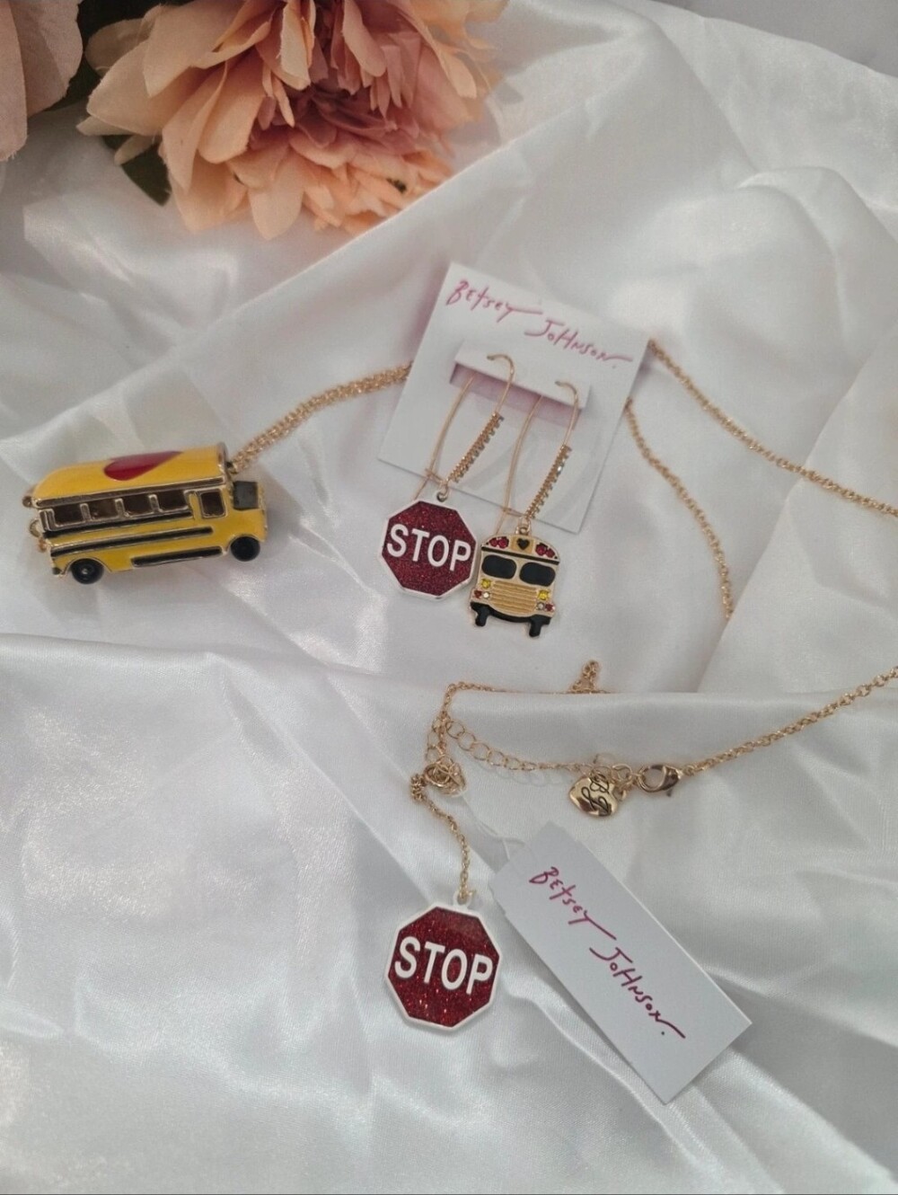 Betsey Johnson Yellow School Bus & Red Stop Sign Jewelry Set